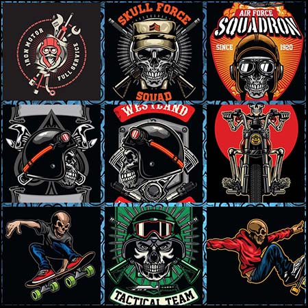 另类的骑摩托车玩车技玩滑板的骷髅头矢量插画