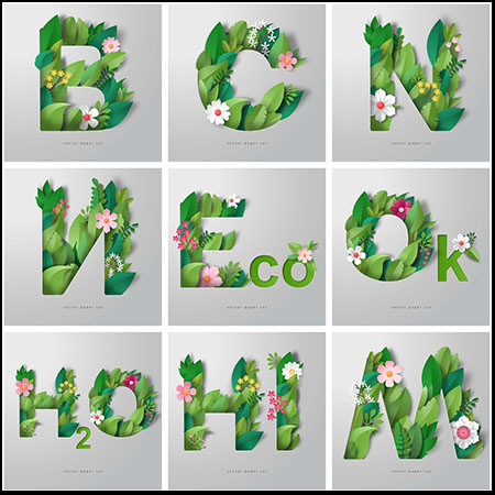 花和绿色叶子装饰的3D英文字母素材