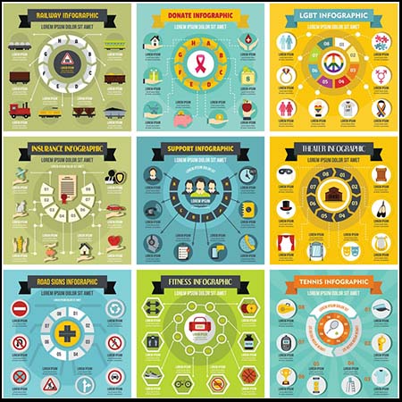 9款圆形铁路管理 捐赠 运动等矢量信息图表