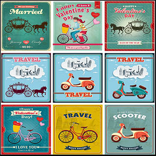 复古风格旅游旅行车自行车摩托车马车矢量海报