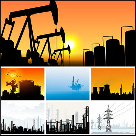 夕阳下工业工厂剪影矢量剪贴画