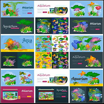 海族馆横幅海报和观赏鱼缸金鱼水草等蚂蚁素材网矢量插图精选
