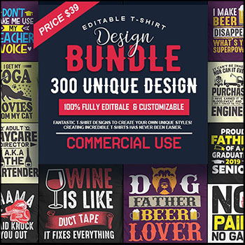 300种可编辑的T恤设计图案插图矢量模型