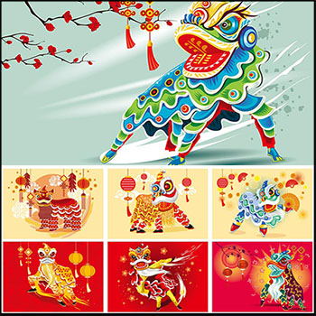12款鼠年红色喜庆春节舞狮国潮风矢量插画