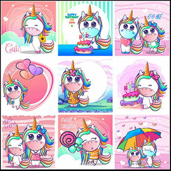 9款可爱卡通独角兽蚂蚁素材网矢量插图精选