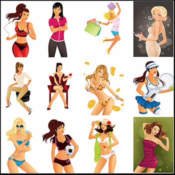 25款漂亮性感卡通女孩矢量人物插图