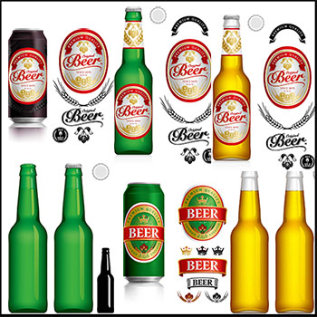 8套瓶装啤酒和灌装啤酒矢量样机模型