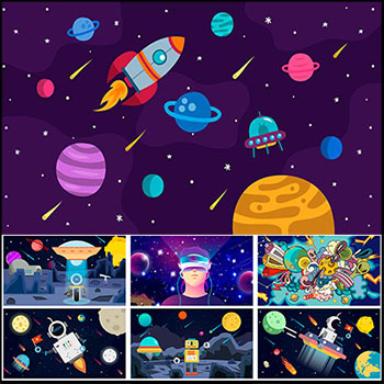 可爱宇宙星空星球银河太空幼儿园卡通矢量插画