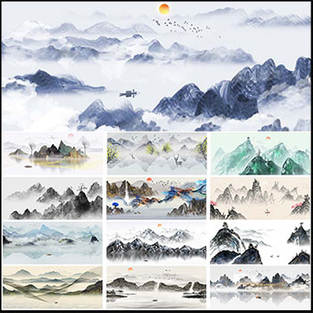 60款中国风水墨山水古风装饰画PSD背景素材