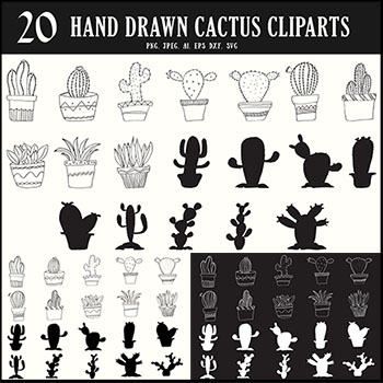 手绘仙人掌多肉植物剪影/SVG/DXF/PNG免抠图和蚂蚁素材网矢量插图精选