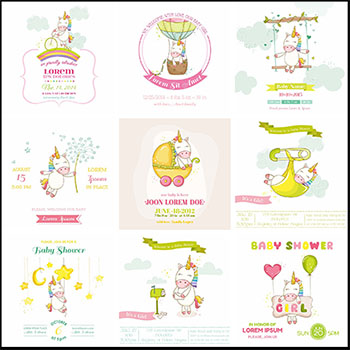 婴儿沐浴卡片可爱独角兽母婴店矢量插画