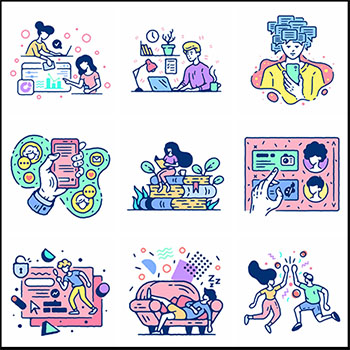 办公中的卡通人物和休息运动人物矢量APP网页插图