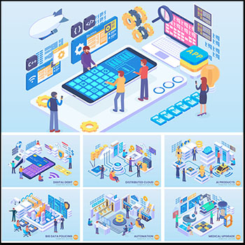 9款移动应用程序开发科技2.5D等距插图