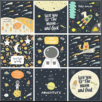 童话梦幻儿童插画卡通可爱手绘火箭宇宙星空宇航员背景矢量图