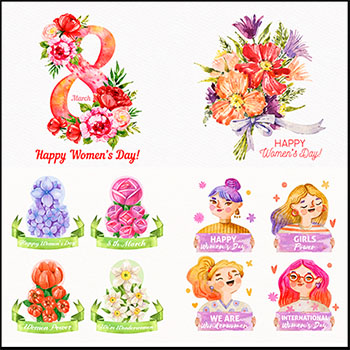 3.8妇女节水彩花卉人物矢量插画背景