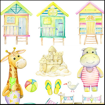 长颈鹿 鳄鱼 老虎 小熊和城堡水彩蚂蚁素材网矢量插图精选