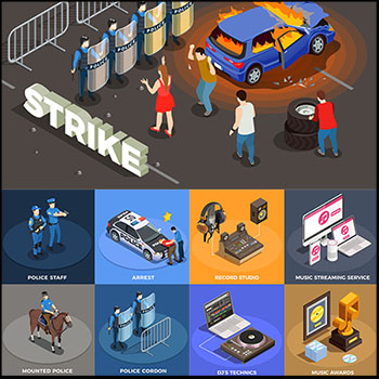 9套执勤的警察警车和人物2.5D等距插图