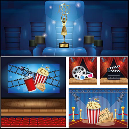 电影院放映机胶片3D眼镜和银幕蚂蚁素材网矢量背景精选