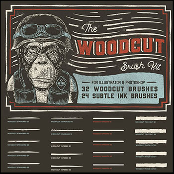 24款AI木刻雕刻画笔+32款PS效果纹理笔刷