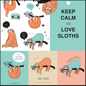 14套可爱卡通听音乐和爬树树懒插画背景