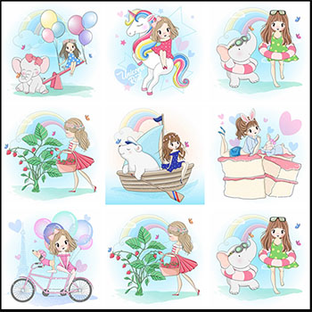 7款清新卡通梦幻女孩矢量插画