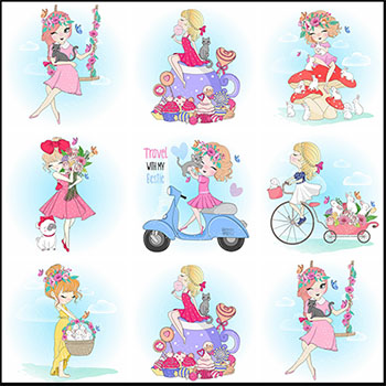 7款可爱卡通爱心小女孩矢量人物插图