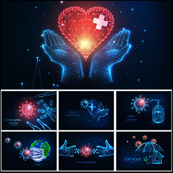 7款冠状病毒预防抗covid-19病毒矢量概念插图