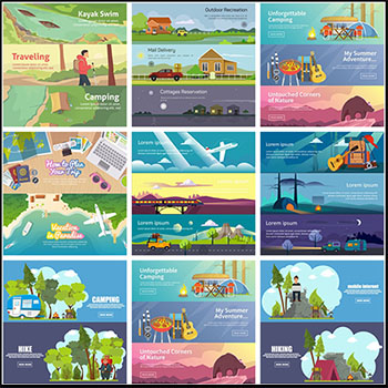 8套旅游渡假野外露营扁平化卡通横幅蚂蚁素材网矢量素材精选