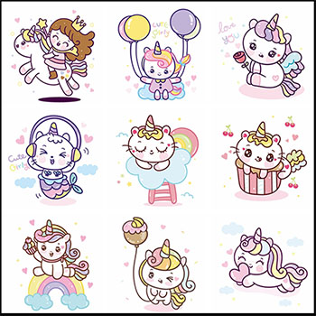 12款可爱彩虹小白马独角兽小猫甜蜜爱情蚂蚁素材网矢量插图精选