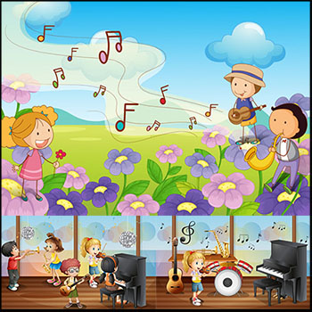 5款玩乐器音乐表演的儿童矢量插画