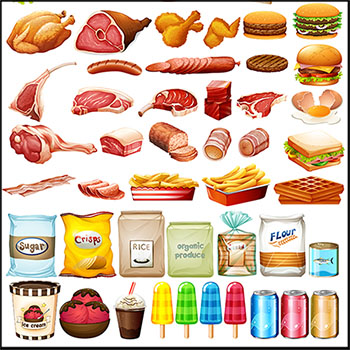 多种食物冷饮饮料快餐火腿蔬菜等蚂蚁素材网矢量插图精选
