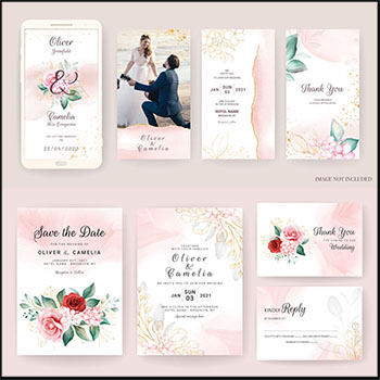 水彩花卉花束婚礼请柬及标志矢量设计素材