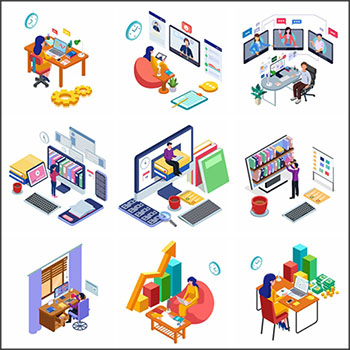8款在线办公居家办公线上教育2.5D等距插图