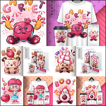 7款可爱有趣动物和T恤商品设计印花矢量模型