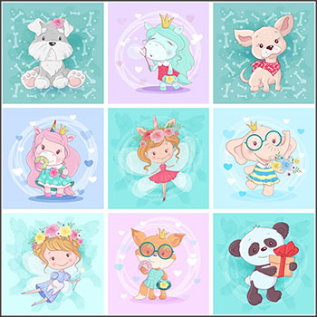 9款卡通手绘小女孩和动物插图高级蚂蚁素材网矢量素材精选