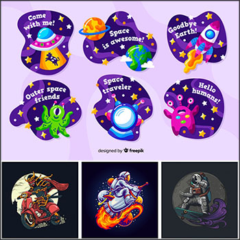12款宇航员外星生物贴纸矢量插画打包下载