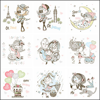 12款可爱卡通小女孩和蛋糕生日礼物盒矢量插画