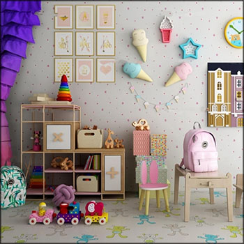 现代儿童房玩具装饰品和收纳柜3D模型