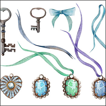 8款水彩花朵，装饰品和古代钥匙蚂蚁素材网矢量素材精选