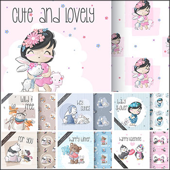 15款可爱卡通动物和婴儿小女孩插图无缝背景图案蚂蚁素材网矢量素材精选