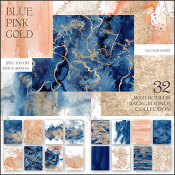 蓝色，粉色和金色的抽象水彩画背景蚂蚁素材网矢量素材精选