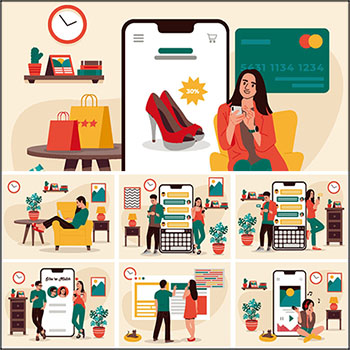 8款网上购物网上聊天听音乐APP矢量UI插画