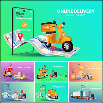 7款网上购物外卖配送2.5D蚂蚁素材网矢量插图精选