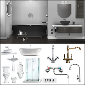 8款卫生间场景和卫生间洗浴用具矢量平面图