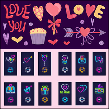 移动程序APP霓虹灯图标和情人节蚂蚁素材网矢量插图精选