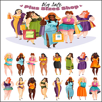 性感时尚丰满的肥胖女性矢量卡通插图