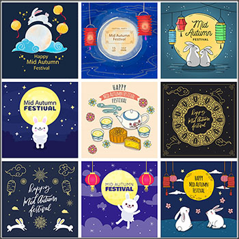 中秋节礼盒包装插画月饼兔子灯笼中国风图案AI蚂蚁素材网矢量素材精选