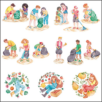 10款清扫垃圾采摘蔬菜水果矢量卡通插图