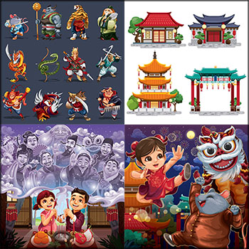 中国风传统建筑神话人物和会功夫的卡通动物蚂蚁素材网矢量插图精选