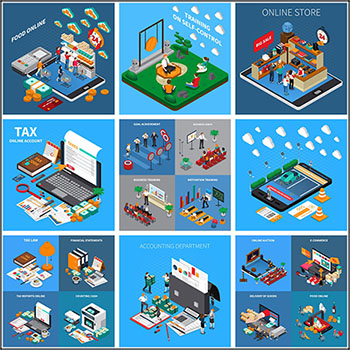 9款网上购物24小时营业企业数报表2.5D等距插图蚂蚁素材网矢量素材精选